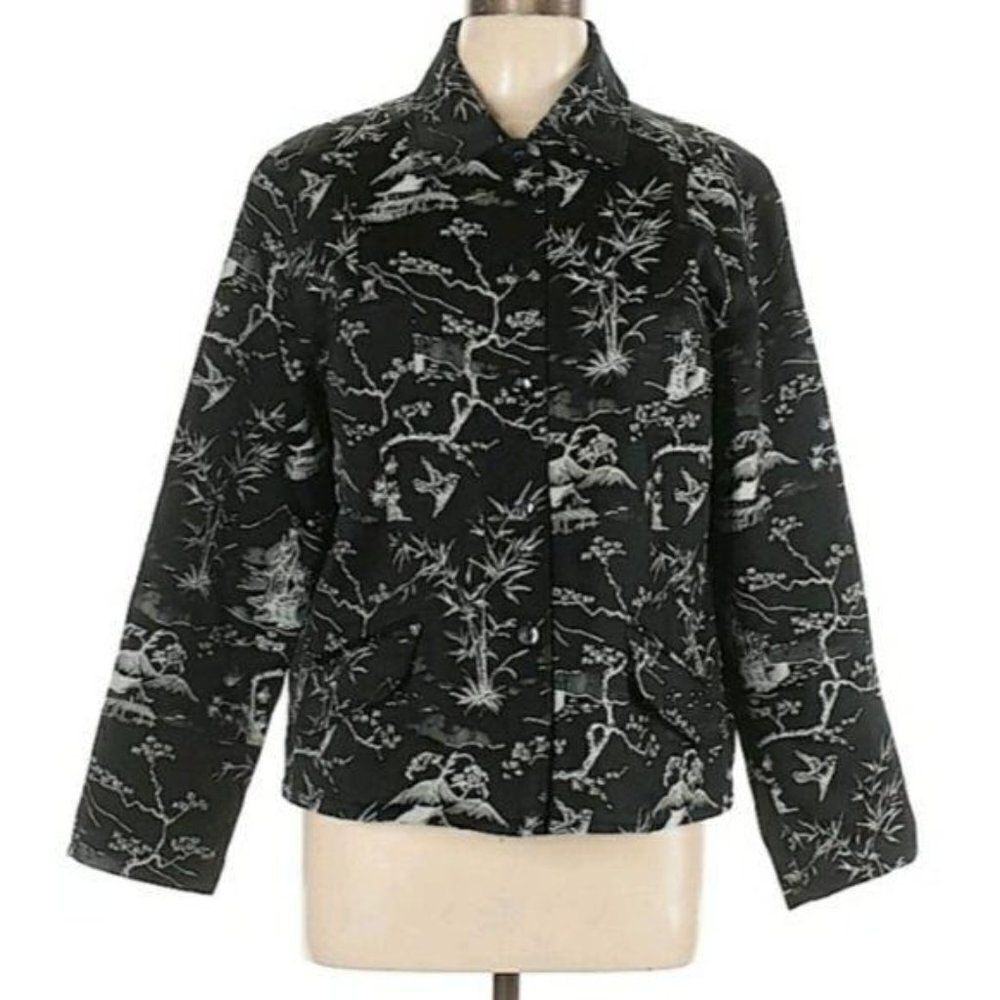 Chico's Japanese Garden‎ Embroidered Satin Single Breasted Blazer Black Sz 2